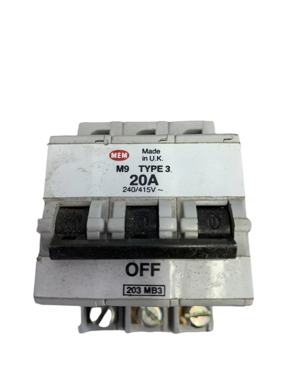 MEM 203MB3 MCB MEM 20 AMP MCB 3P 20A M9 TYPE 3 203MB3 – PRO BREAKERS