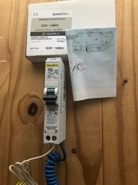 Square D QOE116B03 16 Amp Type B QOE Single Pole 10kA 30mA B16 RCBO MCB Breaker