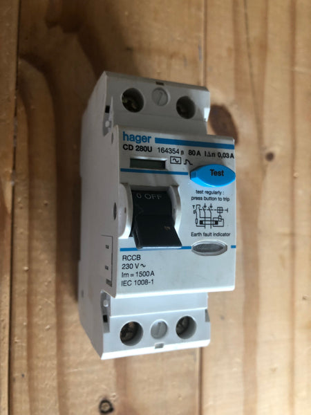 HAGER 80A 30MA CD280U 2 POLE RCD RCCB 230V 164354